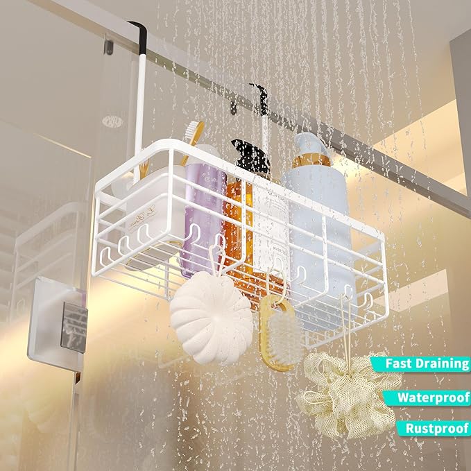 HapiRm Hanging Shower Caddy Organizer - No Drilling Shower Organizer with Hooks, Rustproof & Waterproof 304 Stainless Steel Bathroom Shelves - White (1 Basket)