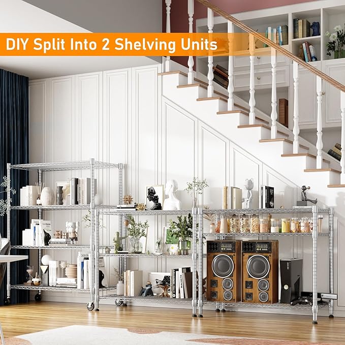 Himimi 4-Tier Heavy Duty Steel Wire Rack Storage Shelving, Adjustable Metal Storage Shelves with Wheels, 72''H Wire Shelf for Kitchen Garage Basement Pantry Organization, 18" D×36" W×72" H-Silver
