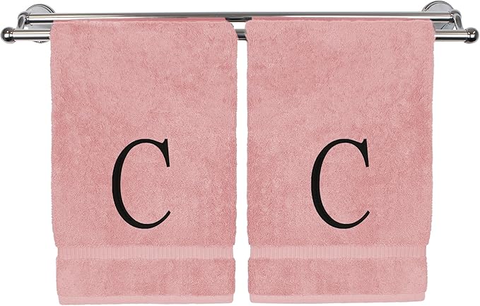 Monogrammed Hand Towel, Personalized Initial Gift, Extra Absorbent 100% Turkish Cotton - Soft Terry Finish - Set of 2 - Black Block Initial C - Embroidered on Pink Towels