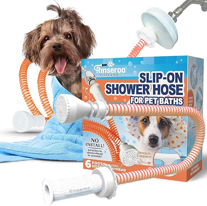 Rinseroo Dog Shower Attachment Hose – Slip-On Pet Sprayer with 6ft Hose – No Tools Handheld Dog Bathing & Grooming Shower Head for Easy Pet Baths, Seniors & RV Use