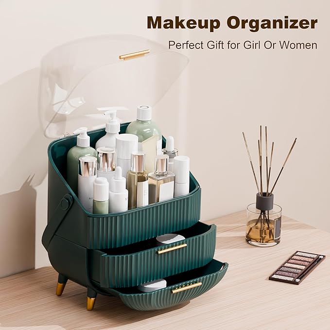 Makeup Organizers and Storage Make up Organizer for Vanity Cosmetics Skincare With Lid and Drawers Display Cases for Countertop Bathroom Women Teenager Girl Gifts(Dark Green)