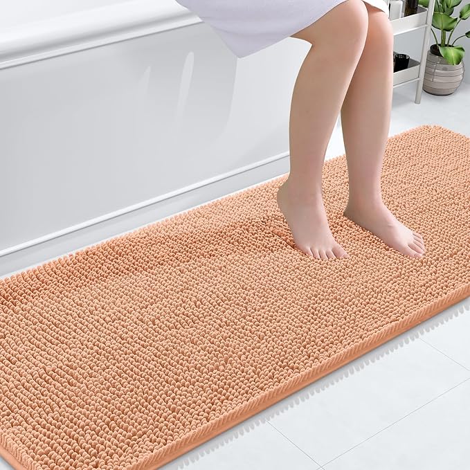 OLANLY Bathroom Rugs 70x24, Extra Soft Absorbent Chenille Bath Rugs, Rubber Backing Quick Dry, Machine Washable Bath Mats for Bathroom Floor, Tub and Shower, Home Decor Accessories, Peach