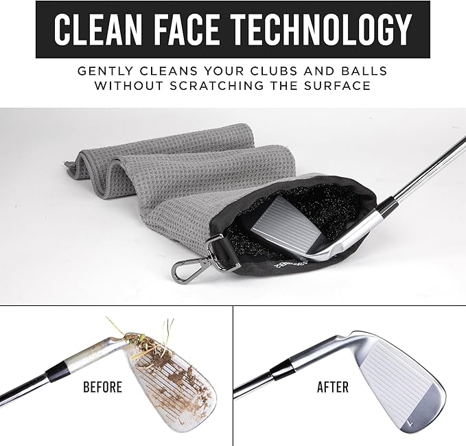 Club Scrub Towel Pro, Golf Club and Ball Cleaning Pouch with Attached Towel, Waterproof Exterior, Clean Face Technology Liner, Machine Washable, Cleans Club Grooves, Waffle-Weave Microfiber
