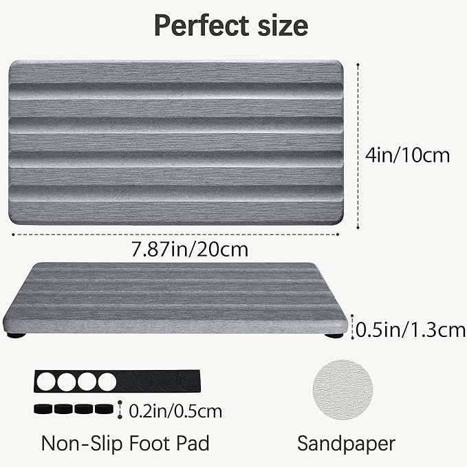 2 PCS Water Absorbing Stone Trays for Bathroom Sink & Kitchen Counter, Fast-Drying Diatomite Sink Caddy, Vanity Tray, Hand Soap Holder with Anti-Skid Pads (Grey, 7.9" x 4"/20 x 10cm)