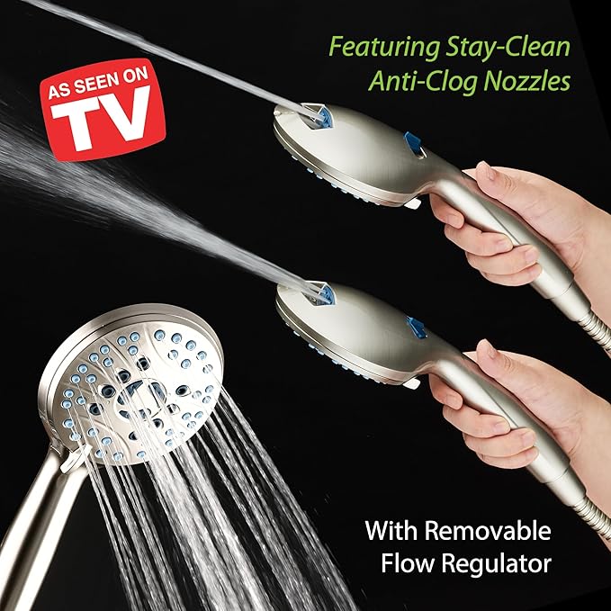 Hotel Spa AquaCare High Pressure 8-mode Handheld Shower Head, Anti-clog Nozzles, Built-in Power Wash to Clean Tub, Tile & Pets, Extra Long 6 ft. Stainless Steel Hose, Wall & Overhead Brackets