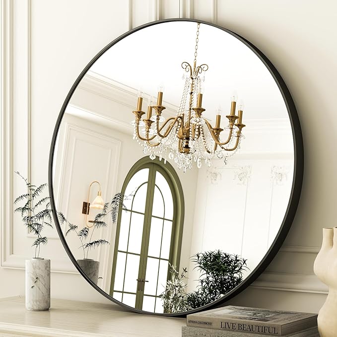 24 Inch Round Bathroom Mirror - Black Wall Mounted Circle Mirror with Metal Frame, Modern Round Hanging Mirror Suitable for Bathroom, Vanity, Entryway, Living Room