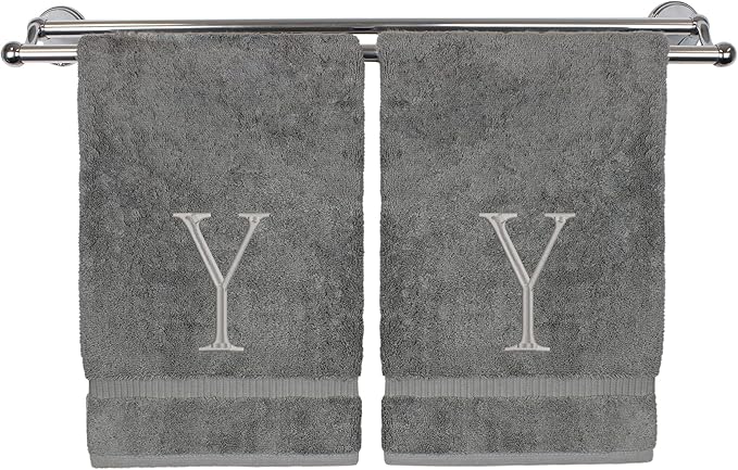 Monogrammed Hand Towel, Personalized Initial Gift, Extra Absorbent 100% Turkish Cotton - Soft Terry Finish - Set of 2 - Silver Block Initial Y - Embroidered on Grey Towels