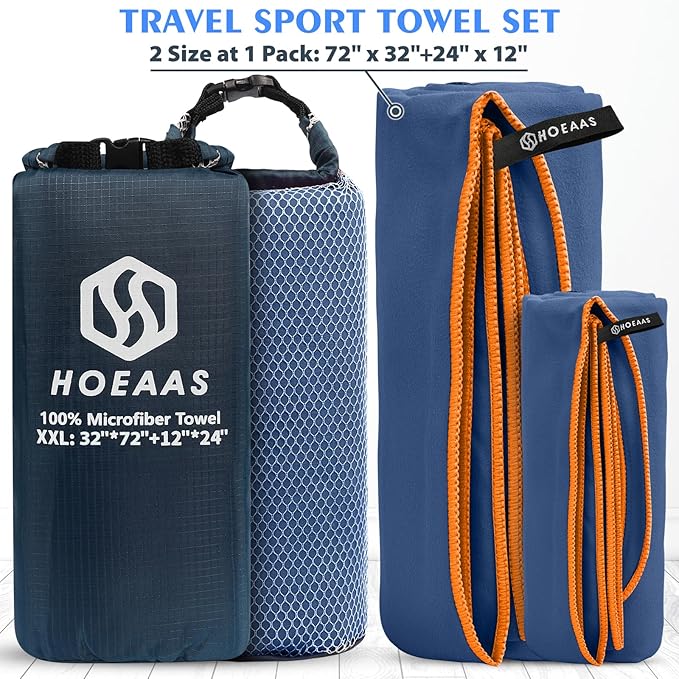 HOEAAS 2 Pack Microfiber Camping Towels, Quick Dry Towel, Super Absorbent Ultra Compact Travel Towel Soft Lightweight Sports Towel for Sweat Fast Drying Towels for Pool,Gym,Hiking,Backpacking,Fitness