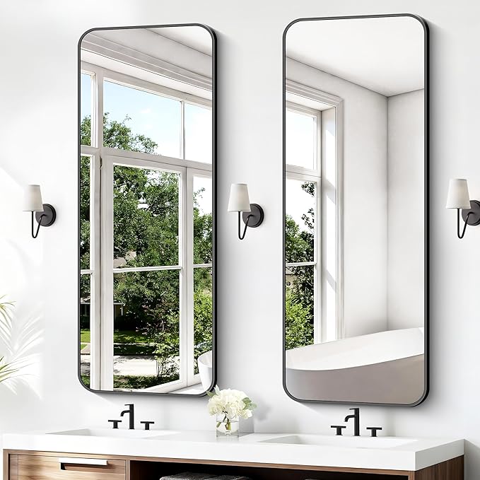 BONEWEI 24x60 inch Bathroom Mirror,Black Rectangle Mirror,Wall Mounted Bathroom Frame Vanity Mirror with Round Corner for Bedroom Living Room,Entryway Hangs Horizontal or Vertical