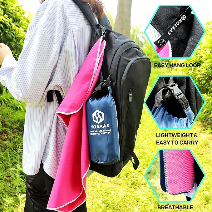 HOEAAS 2 Pack Microfiber Camping Towels, Quick Dry Towel, Super Absorbent Ultra Compact Travel Towel Soft Lightweight Sports Towel for Sweat Fast Drying Towels for Pool,Gym,Hiking,Backpacking,Fitness