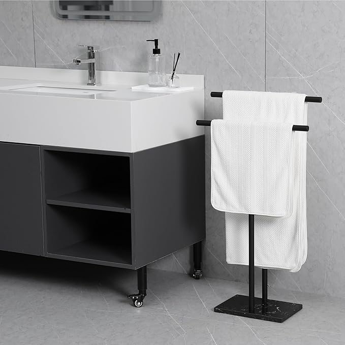 Free Standing Towel Rack for Bathroom - Matte Black Finish - Stand Alone 2 Tier Stainless Steel Towel Rack for Bathroom Floor with Heavy Marble Base - Double T Shape Drying Stand for Towels