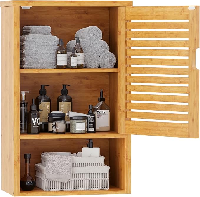 VIAGDO Bathroom Wall Cabinet, Wooden Medicine Cabinet with Single Door and Adjustable Inner Shelf, Bamboo Storage Cabinet Wall Mounted, Over The Toilet Hanging Cupboard, 15.7’’Lx7.8’’Wx23.6’’H