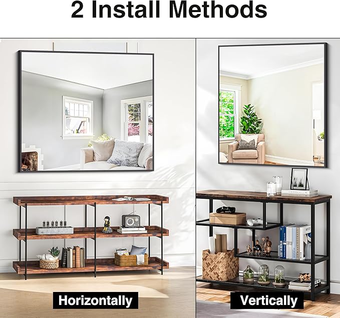 BONEWEI Bathroom Mirror,36x40 inch Wall Mirror for Bathroom Wall Mounted Black Rectangle Square Corner Mirrors, Black Bathroom Mirror for Living Room, Farmhouse, Bedroom Entryway, Horizontal/Vertical
