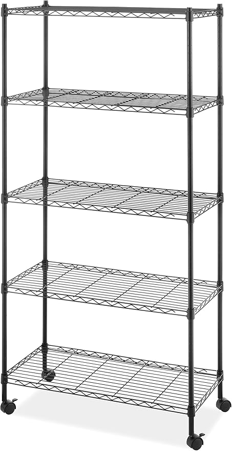 Whitmor 5 Tier Supreme Shelving Unit, Metal Storage Shelves, Adjustable Heavy Duty Shelf with Wheels, 400 lbs Capacity per Shelf, 2000 lbs Total for Pantry, Garage, Kitchen, Black