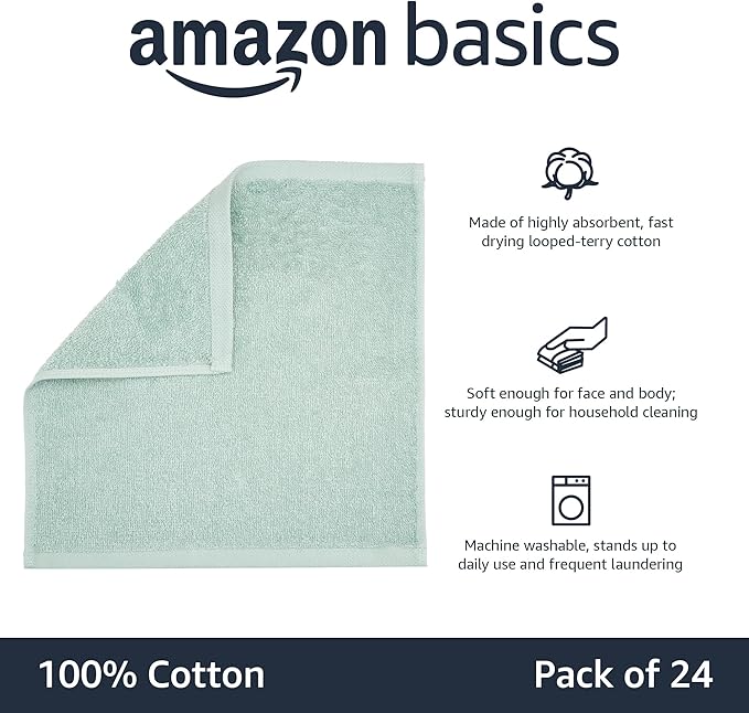 Amazon Basics Washcloth for Bathroom, 100% Cotton Extra Absorbent, Fast Drying - Salon Towels - Seafoam Green, 12 x 12 inches (Pack of 144)