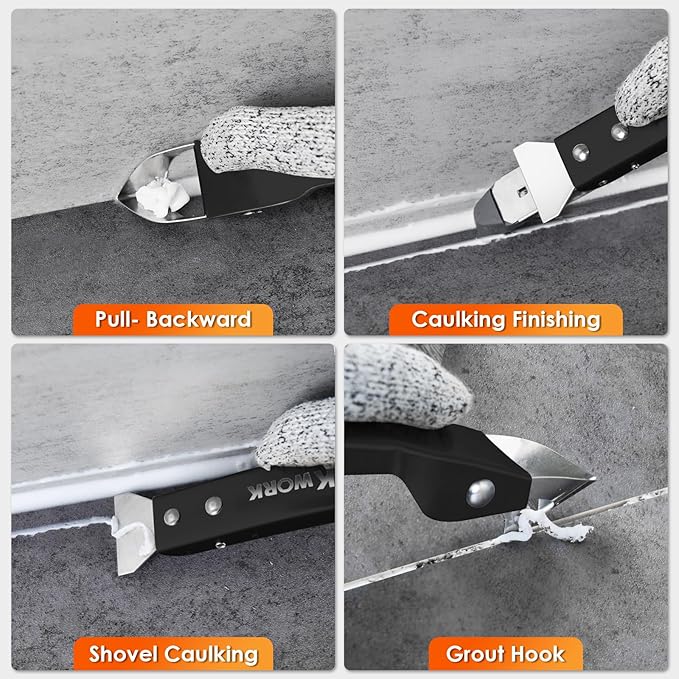 THINKWORK Caulking Tool Kit, 4 in 1 Caulk Remover Tool, Stainless Steel Caulk Tool for Kitchen Bathroom Window Sink Tile Joint, Black