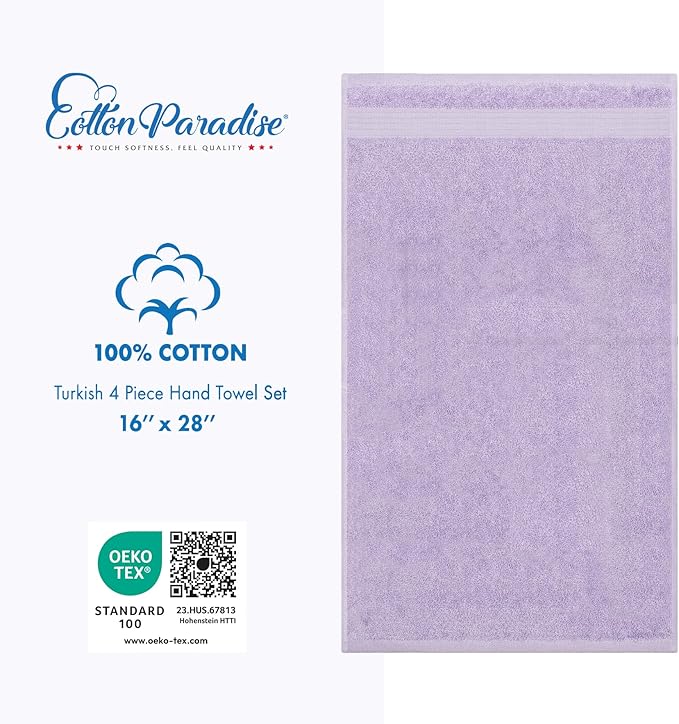 Cotton Paradise Hand Towels for Bathroom, 100% Cotton Turkish 4 Piece Hand Towel Set, Soft Absorbent Face Towels, Lilac Hand Towels