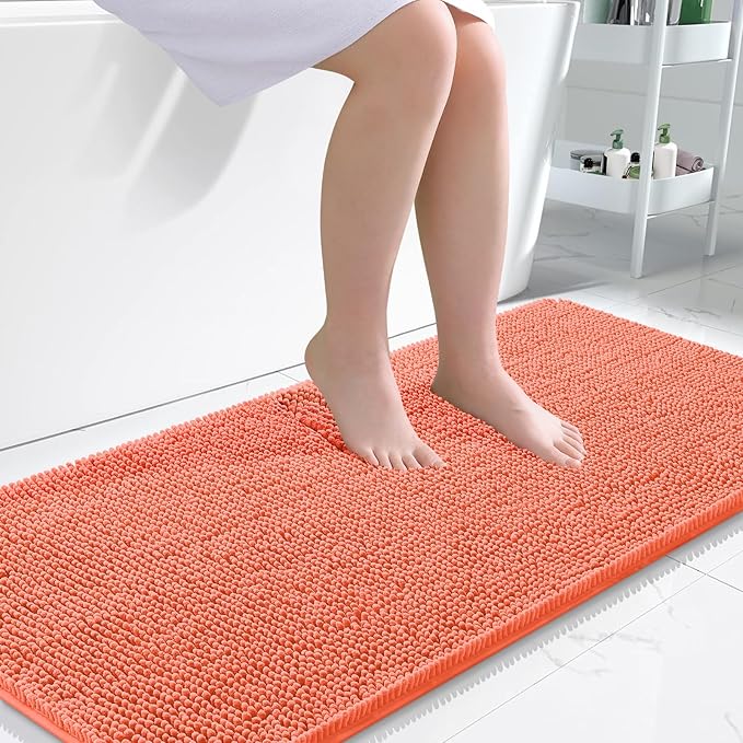 OLANLY Bathroom Rugs 47x24, Extra Soft Absorbent Chenille Bath Rugs, Rubber Backing Quick Dry, Machine Washable Bath Mats for Bathroom Floor, Tub and Shower, Home Decor Accessories, Coral