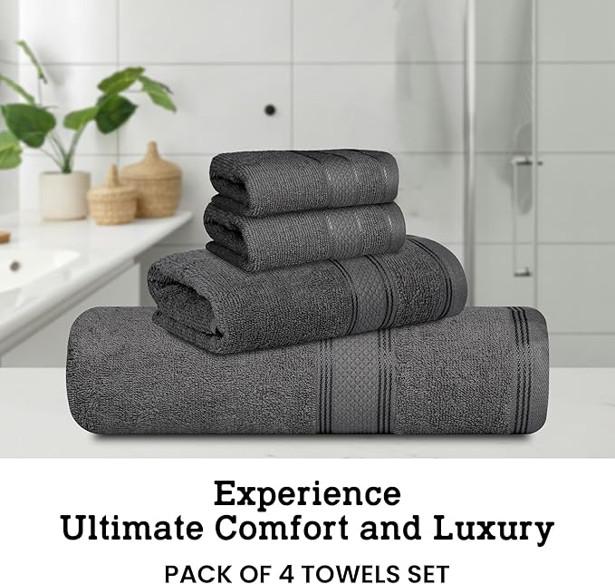 Casa Lino 100% Cotton Bath Towels Set of 4 (1 Bath Towel, 1 Hand Towel & 2 Wash Cloths) - Bathroom Towels and Washcloths Set - Complete Bathroom Set - Guest Room Essentials - (Charcoal Black)