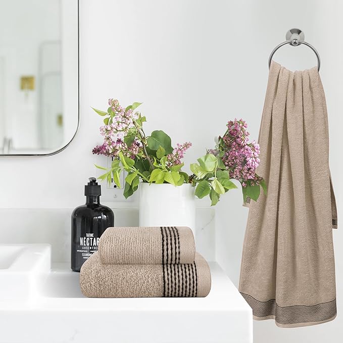 Belizzi Home Ultra Soft 3 Pack Cotton Towel Set, Contains a Bath Towel 28x55 inch, a Hand Towel 16x24 inch & a Wash Coth 12x12 inch, Ideal Everyday use, Compact & Lightweight -Tan