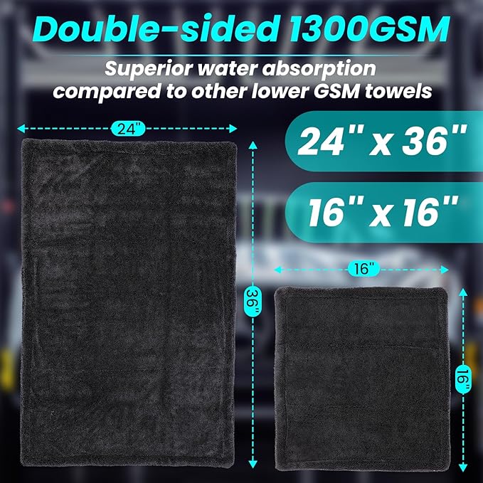 2 Pack 1300 GSM Car Drying Towel,Double-Sided Microfiber Towels for Cars(24'' x 36''&16 ''x 16''),Extra Large Ultra Absorbent,Without Residual Lint,Scratches or Water Spots