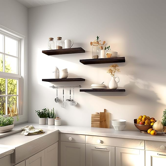 Brown Wood Floating Shelves for Wall Rustic Wall Shelves for Bedroom Set of 6