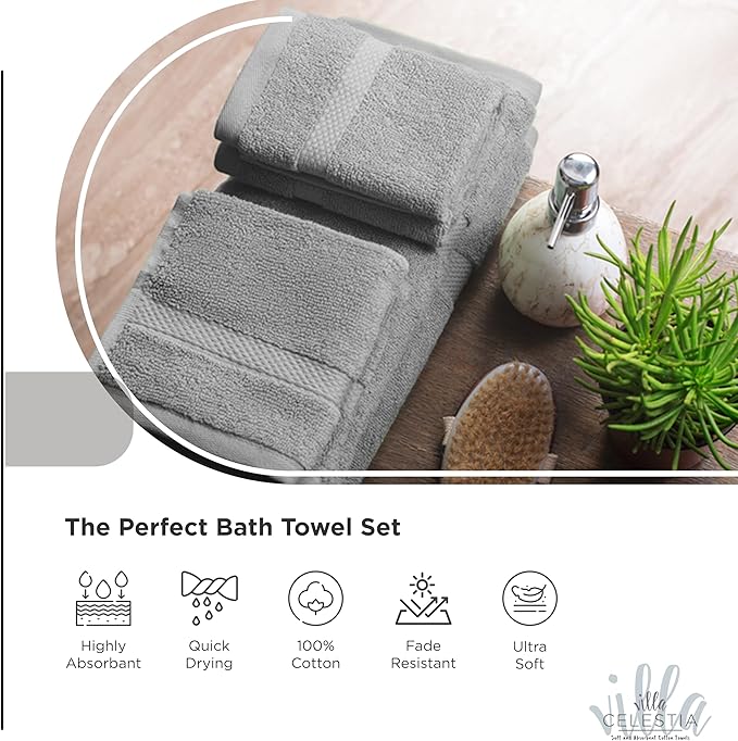 100% Cotton Bath Towel Set of 18-4 Bath Towels, 6 Hand Towels, 8 Wash Cloths, Sustainable, Soft, Highly Absorbent, Combed Cotton 18 Piece Set for Hotels, Spa, Bathroom, Dorm, Grey
