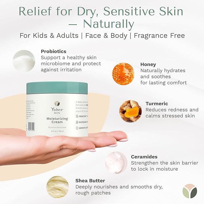 Yobee Body & Face Cream for Dry, Itchy Skin, Eczema & Psoriasis, Dermatologist Formulated, Probiotics, Honey, Turmeric, Vitamins B12 & E, Ceramides, Shea Butter, Fragrance Free, For Kids & Adults
