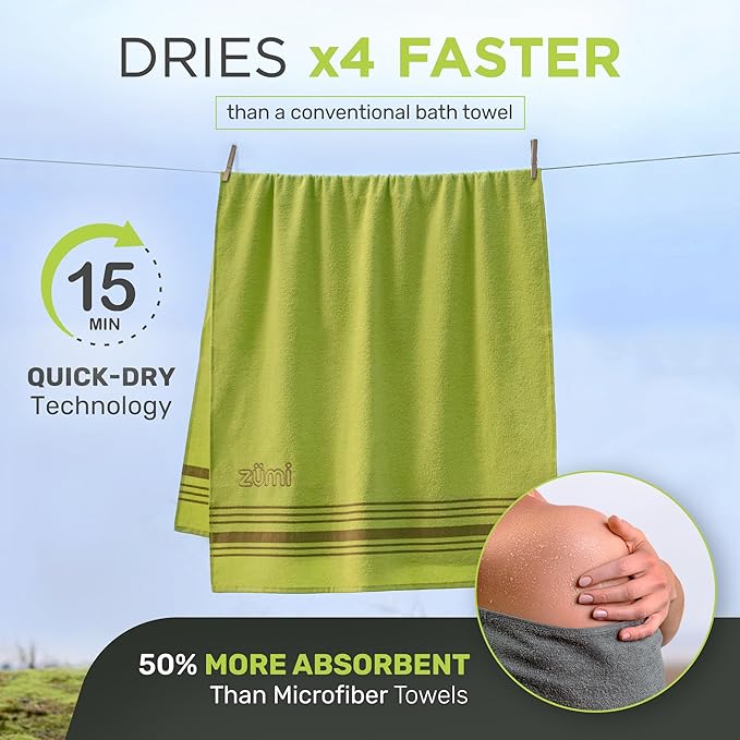 Zumi 100% Cotton Quick Dry Travel Towel - Soft, Thin, Compact, Highly Absorbent, Lightweight Camping Towel for Beach, Gym, Bath, Shower, Swimming, Dorm, RV - Green