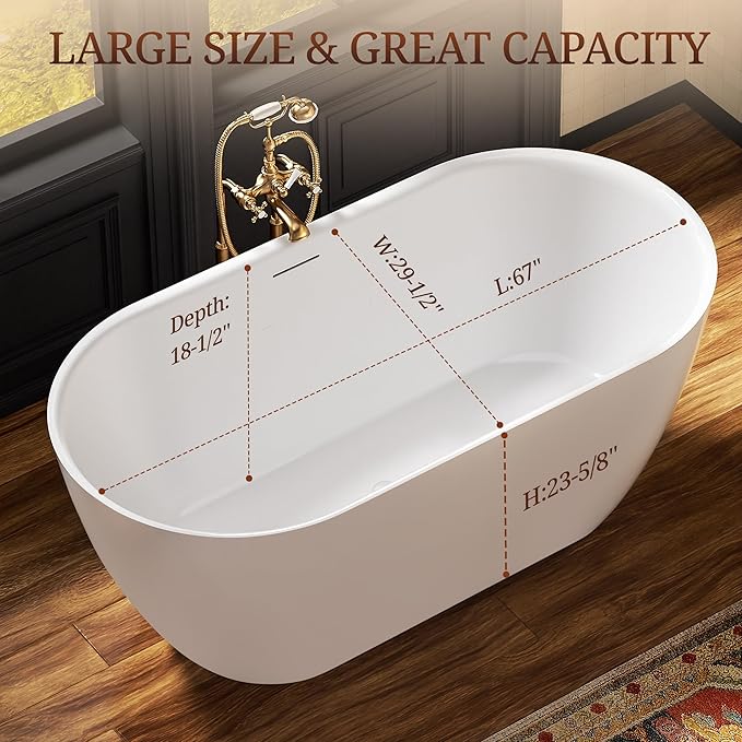 67" Acrylic Freestanding Bathtub, Deep Soaking Tub with Integrated Overflow and Drain, Oval Stand Alone Tub, Modern Bathtubs for Bathroom, cUPC Certified(Glossy White)