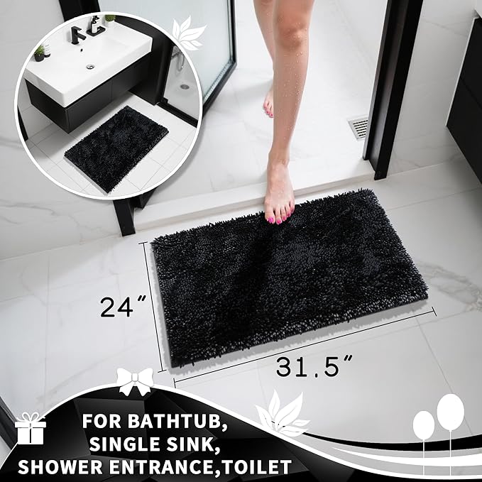 Yimobra Chenille Bathroom Rugs Non Slip, Extra Thick Soft Absorbent Bath Rug 31.5x20 Inch, Machine Washable Quick Dry Bath Mat for Bathroom Floor, Tub and Shower, Home Decor Accessories, Black