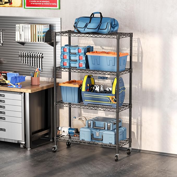 SINGAYE 4 Tier Adjustable Storage Shelf with Wheels Heavy Duty Shelving Unit Rack Shelves Wire for Garage Office Pantry Kitchen 14" Dx36 Wx58 H 1400LBS Black