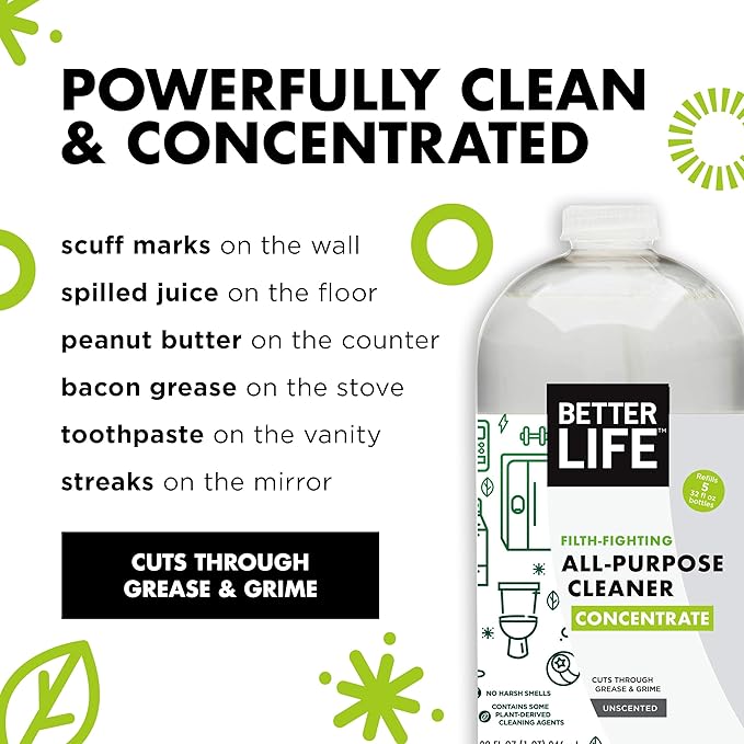 Better Life All Purpose Cleaner Concentrate- Multipurpose Home and Kitchen Cleaner for Glass, Countertops, Appliances, Upholstery & More - 32oz Unscented Concentrate