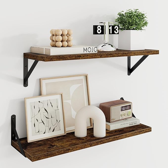 Dreamland Dark Brown Floating Shelves, 24W x 8D Wall Mounted Shelves Set of 2, Wide Display Ledge Shelf with Sturdy Metal Brackets for Living Room, Bathroom, Bedroom and Kitchen