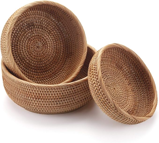 Round Rattan Fruit Baskets Woven Storage Bowls Key Holder Stackable for Shelf Kitchen Tabletop Natural Set of 3