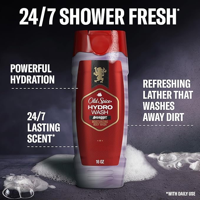 Old Spice Moisturizing Body Wash for Men, Hydro Wash, 2-in-1 Long Lasting Scent & Deep Hydration, 24/7 Shower Fresh, Smoother Swagger Scent, 16 oz (Pack of 4)