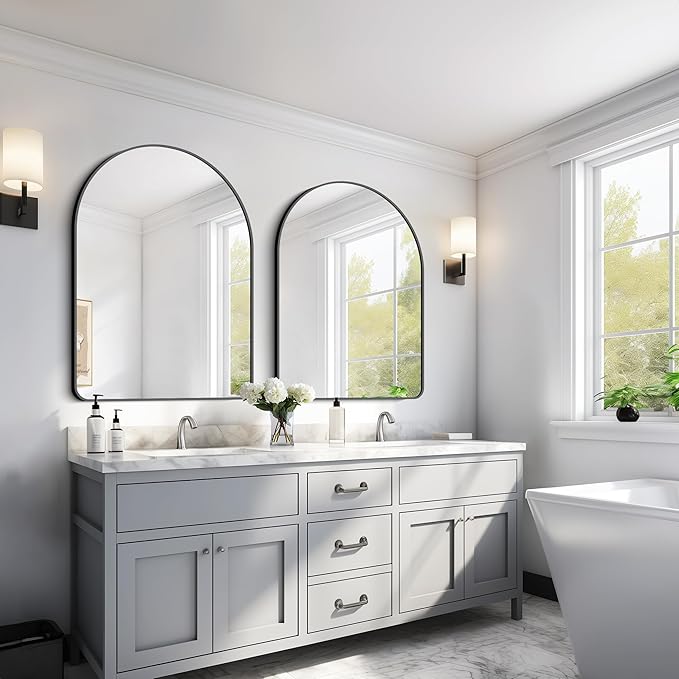 GLASHOM 30"x40" Black Arched Mirrors for Bathroom, Wall Mounted Mirror, Aluminum Alloy Brushed Framed Wall Mirror, Anti-Rust, Large Mirror for Over Sink, Bedroom, Entryway (Vertical)