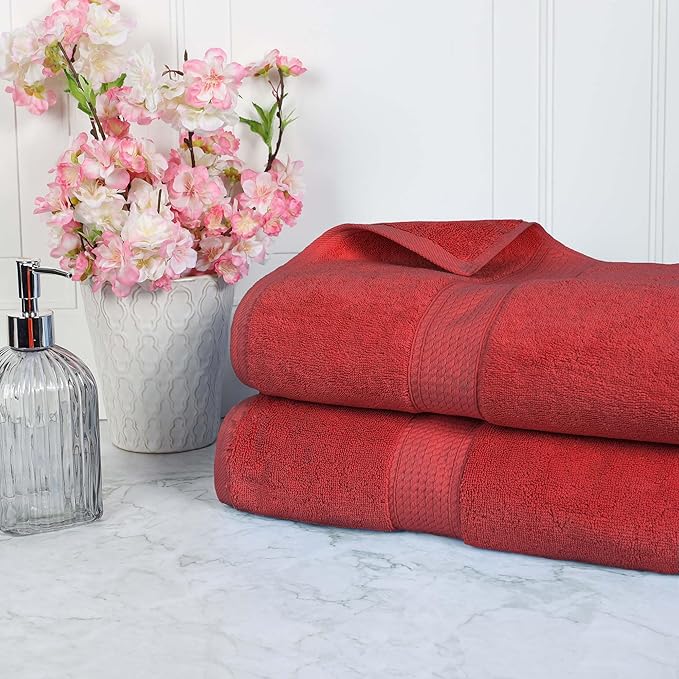 Superior Egyptian Cotton Pile Bath Sheet Set of 2, Ultra Soft Luxury Towels, Thick Plush Essentials, Absorbent Heavyweight, Guest Bath, Hotel, Spa, Home Bathroom, Shower Basics, Red