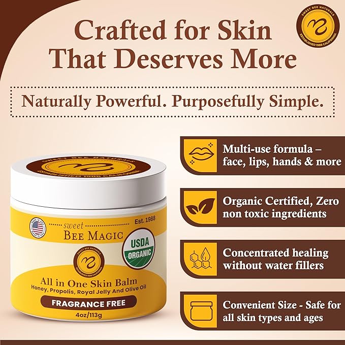 Sweet Bee Magic All In One Healing Organic Balm - Natural Skin Healing Cream, Beeswax Balm for Dry Skin, Face & Body Moisturizer - Certified Organic, All Natural Aid - (4oz Each, 24oz Total)