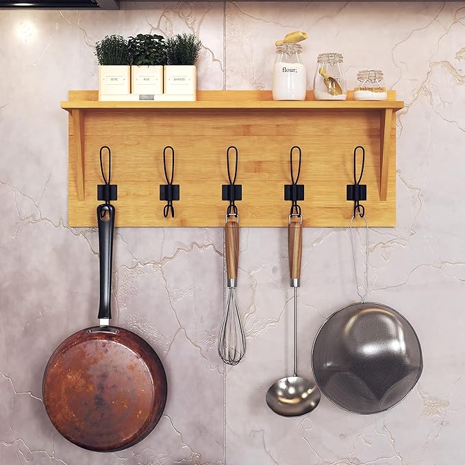HBCY Creations Rustic Wall Mounted Coat Rack with Shelf - Solid Wood 24" Entryway Shelf with 5 Coat Hangers. Perfect Touch for Your Entryway, Mudroom, Kitchen, Bathroom and More, Bamboo