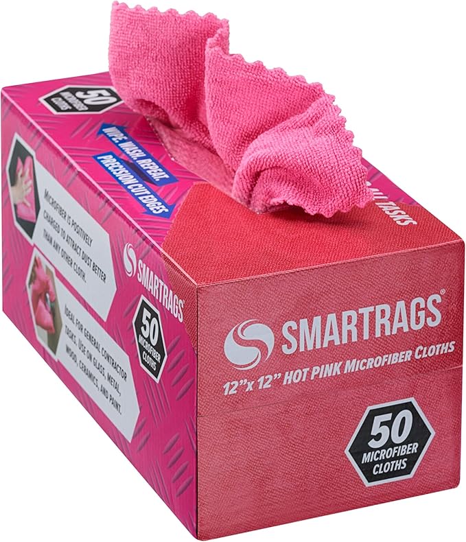 Arkwright Smart Rags in Box - (Pack of 50) Lint Free Microfiber Cleaning Cloth, Scratch & Streak-Free, Dispensable Wash Towels for Cars, Window Glass, and Auto Shop, 12 x 12 in, Pink