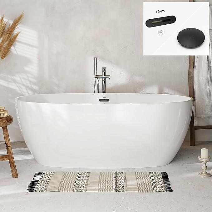 FerdY Tahiti 67" Freestanding Bathtub Elegant Oval Shape, Glossy White Double Walled Insulation bathtub with Center Matte Black Drain, cUPC Certified