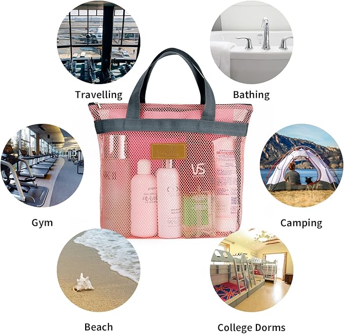 Mesh Shower Caddy Bag Portable Hanging Toiletry and Bath Organizer with Zipper for Travel, Gym, Camping, College Dorms, Beach