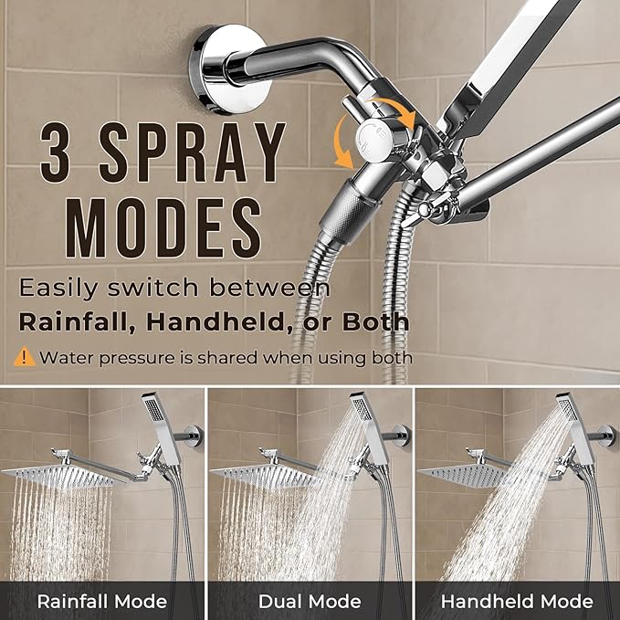 G-Promise All Metal 10" Dual Square Shower Head Combo | Rain Shower Head | Handheld Shower Wand | Adjustable | Smooth 3-Way Diverter | 71" Extra Long Hose - A Bathroom Upgrade (Chrome)