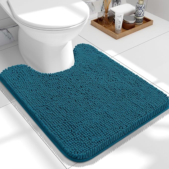 OLANLY Toilet Rugs U-Shaped 24x20, Extra Soft Absorbent Chenille Contour Bathroom Rugs for Toilet, Dry Quickly, Machine Washable, Non-Slip Bath Mat, Peacock Blue