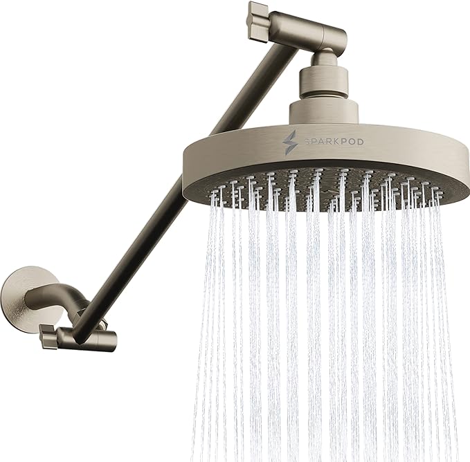 SparkPod Round Rain Shower Head with Shower Head Extension Arm - High Pressure Rain - Luxury Modern Look - No Hassle Tool-less 1-Min Installation (16" Shower Arm Extension, Brushed Nickel Finish)