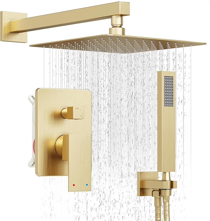 Gold Shower System, Shower Faucet Set with 10-Inch Rain Showerhead and Handheld Spray, Wall Mounted High-Pressure Showerhead Combo Set Included Valve and Trim, Brushed Gold