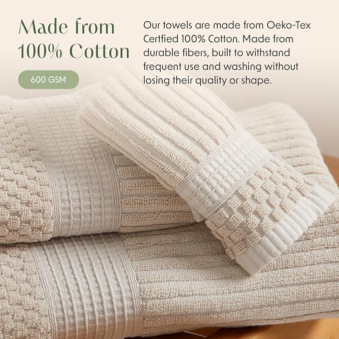 Springtree Home 100% Cotton Bath Towel Set | 6 Piece Set | Absorbent & Quick-Dry Towels | Textured and Durable Cotton | Krista Collection - Beige