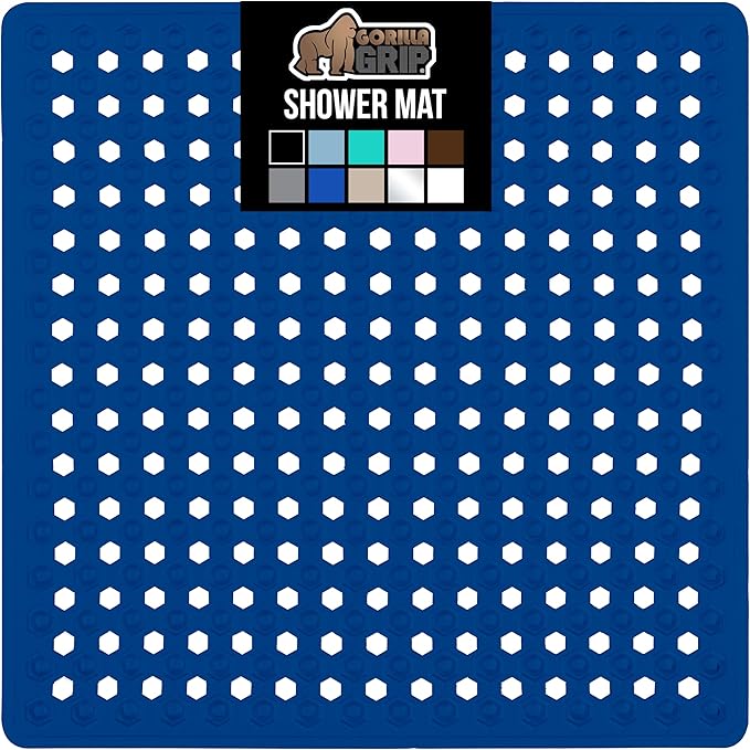 GORILLA GRIP Patented Square Shower Stall Mat, Small Bathtub Floor Mats for Stand Up Showers, Suction Cups, Drain Holes, Machine Wash, Soft on Feet, Bathroom Accessories 21x21 Inch, Royal Blue Opaque