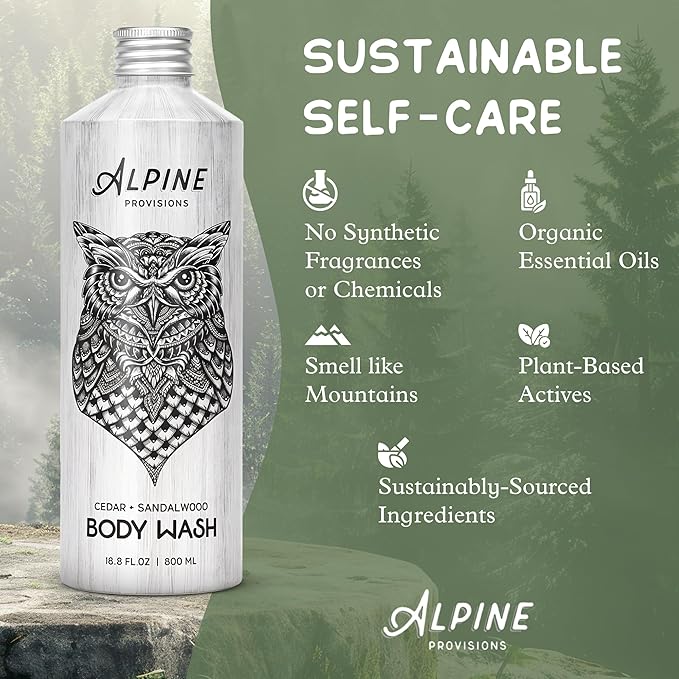 Alpine Provisions Cedar & Sandalwood Moisturizing Body Wash - Cleanse Naturally with Essential Oils - Vegan, Sulfate & Plastic Free - Gentle on Skin Natural Body Wash for Men and Women - 16.9 fl oz